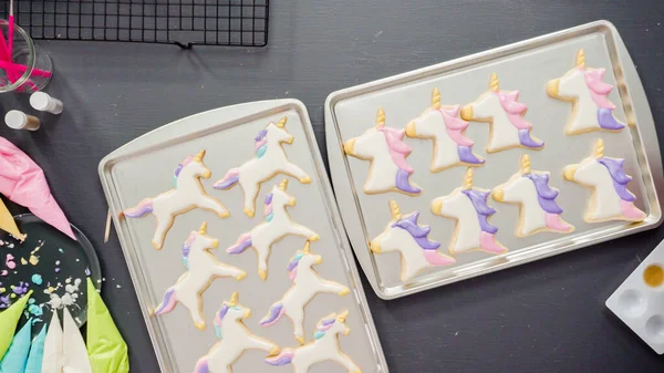 Flat Lay Step Step Decorating Unicorn Sugar Cookies Royal Icing — Stock Photo, Image