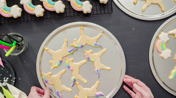 Flat Lay Step Step Decorating Unicorn Sugar Cookies Royal Icing — Stock Photo, Image