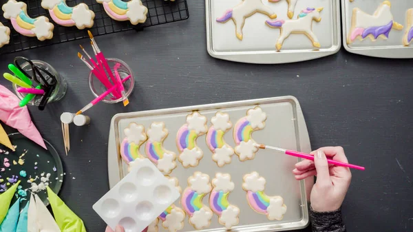 Flat Lay Step Step Painting Food Glitter Top Unicorn Sugar — Stock Photo, Image