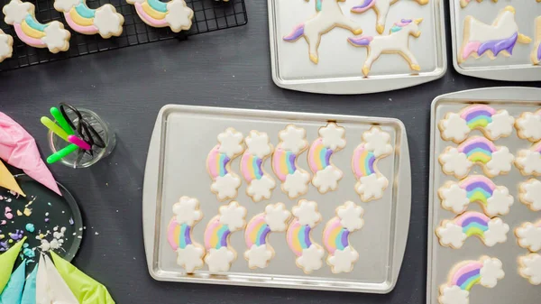Flat Lay Step Step Decorating Unicorn Sugar Cookies Royal Icing — Stock Photo, Image