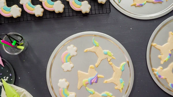 Flat Lay Step Step Decorating Unicorn Sugar Cookies Royal Icing — Stock Photo, Image