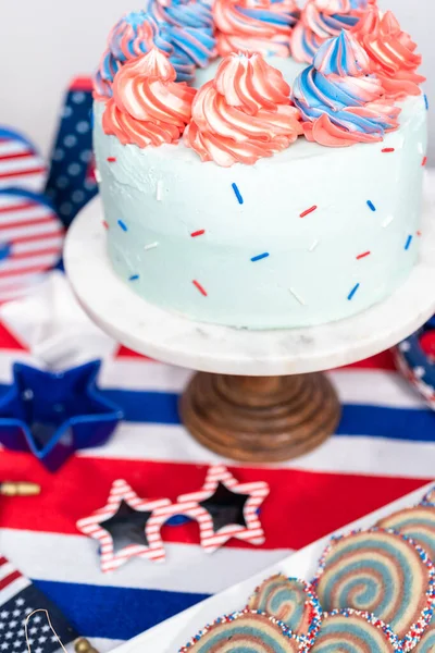 Cake Koekjes Groente Fruit Snack Tray Het Juli Feest — Stockfoto