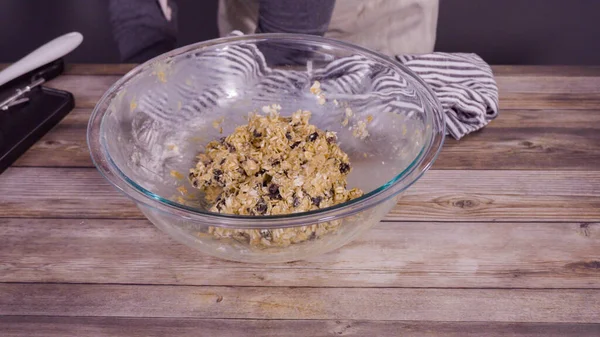 Step Step Mixing Ingredients Bake Oatmeal Raising Cookies Glass Mixing — Stock Photo, Image