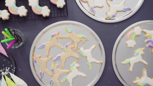 用皇家糖霜在独角兽糖饼干上涂上食物的光泽 — 图库视频影像