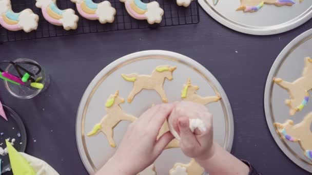 Acostado Paso Paso Pintura Purpurina Alimentos Parte Superior Galletas Azúcar — Vídeos de Stock