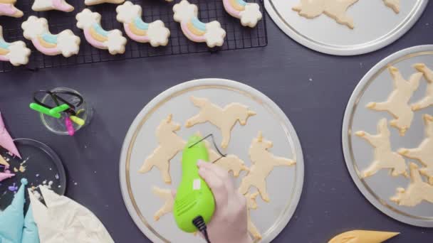 Flat Lay Step Step Painting Food Glitter Top Unicorn Sugar — Stock Video