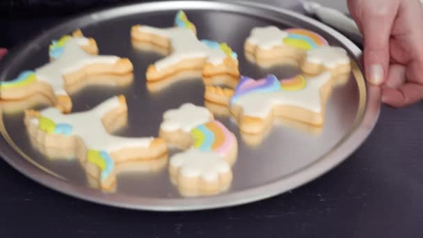 Flat Lay Step Step Painting Food Glitter Top Unicorn Sugar — Stock Video