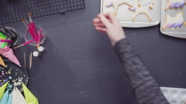 Düz yatıyordu. Adım adım. Tek boynuzlu at şekerli kurabiyelerin üzerine kraliyet kremalı gıda simleri boyamak..