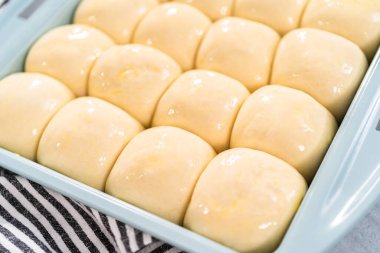 Fırında pişirmeden önce yumurta ve süt karışımıyla yemek rulolarını fırçalamak.