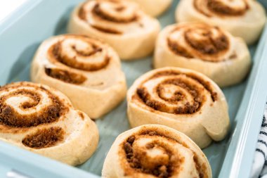 Fırınlanmamış tarçınlı çörekler mavi bir tavada.