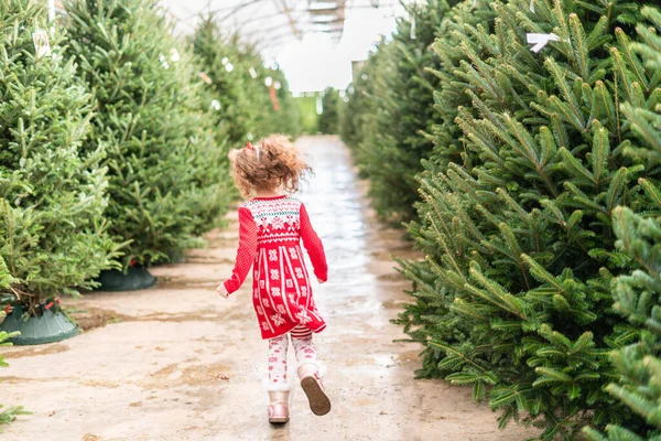 Menina Vestido Vermelho Fazenda Árvore Natal — Fotografia de Stock