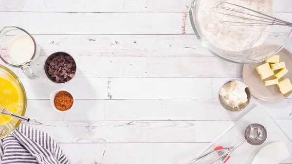 Flat Lay Mixing Ingredients Bake Chocolate Raspberry Cupcakes — Stock Photo, Image