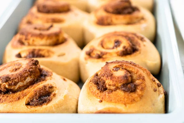 Vers Gebakken Kaneelbroodjes Een Blauwe Bakvorm — Stockfoto