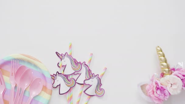 Oggetti Festa Compleanno Bambini Tema Unicorno — Video Stock