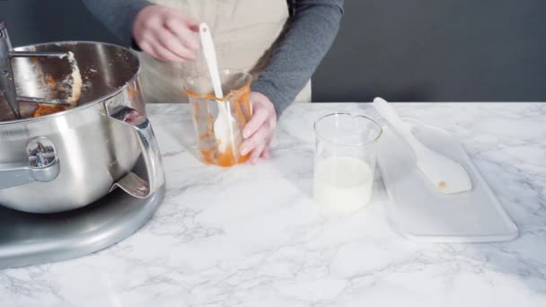 Blandning Ingredienser Elektriska Kök Mixer För Att Baka Pumpa Krydda — Stockvideo