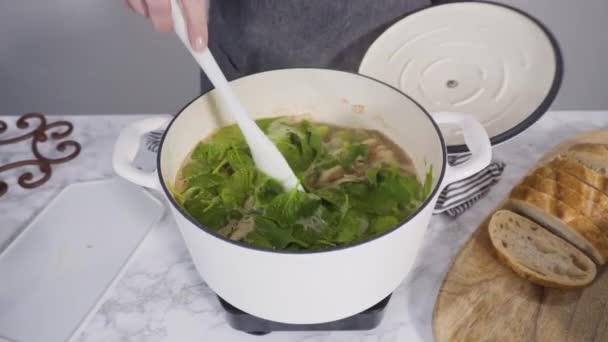 Cocinar Sopa Vegetariana Frijol Blanco Horno Holandés Hierro Fundido — Vídeos de Stock