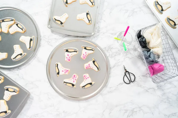 Flat Lay Decorating Sugar Cookies Shaped Figure Skates Royal Icing — Stock Photo, Image