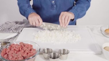 Bardak karıştırma kabında klasik sığır etli rulo köfte tarifi karışımı..