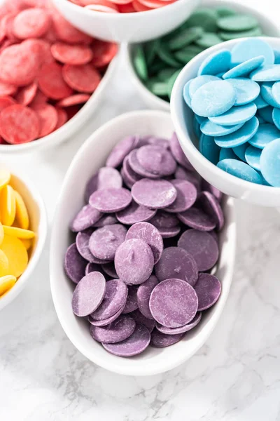 Rainbow Colors Chocolate Chips White Bowls Melting Chocolate Shapes Marble — Stock Photo, Image