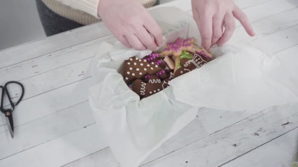 Pakowanie Domowej Roboty Piernika Cukru Christmas Ciasteczka Prezenty — Wideo stockowe