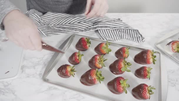Paso Paso Sumergiendo Fresas Orgánicas Tazón Con Chocolate Derretido Para — Vídeos de Stock