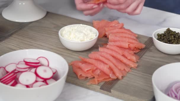 Bagel Brunch Board Smoked Salmon Fresh Vegetables — Stock Video