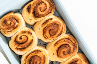 Mavi bir tavada taze pişmiş tarçınlı rulo..