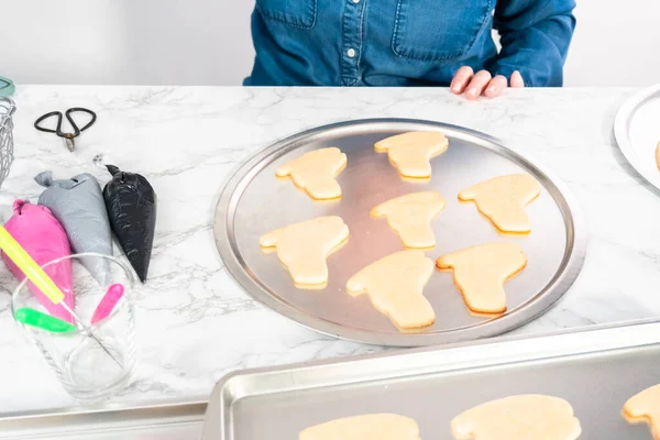 Decorating Sugar Cookies Shaped Figure Skates Royal Icing — Stock Photo, Image