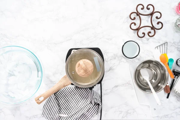 Flat Lay Caramelizing Sugar Saucepan Make Homemade Lollipops — Stock Photo, Image