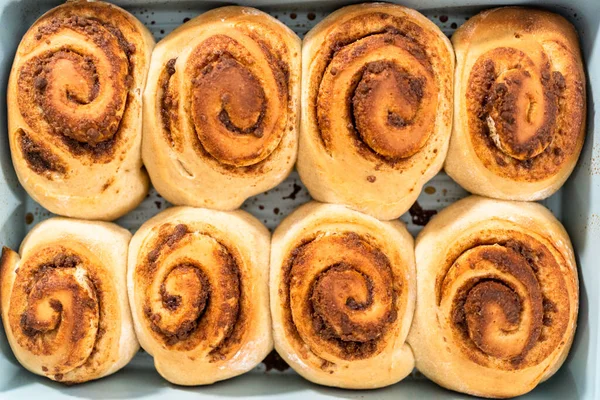 Vers Gebakken Kaneelbroodjes Een Blauwe Bakvorm — Stockfoto