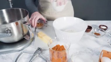 Zaman aşımı. Kabak aromalı kek pişirmek için elektrikli mutfak mikserinin malzemelerini karıştırıyorum..