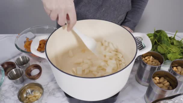 Μαγειρική Χορτοφαγική Σούπα Λευκό Φασόλι Χυτοσίδηρο Ολλανδικό Φούρνο — Αρχείο Βίντεο