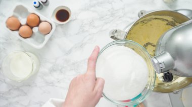 Adım adım. Düz yatıyordu. Üç katlı vanilyalı kek pişirmek için mutfak mikserinin malzemelerini karıştırıyorum..