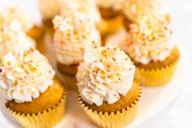 İtalyan tereyağlı ve pasta standına serpiştirilmiş balkabaklı kek..