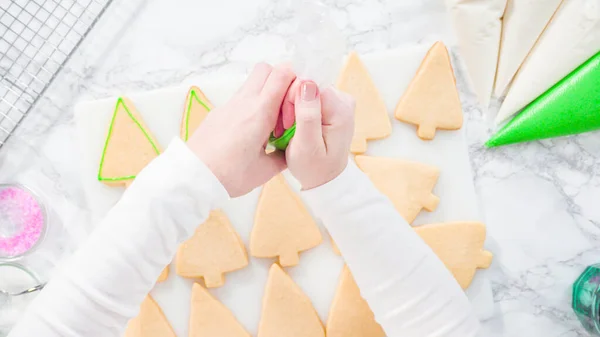 Lapos Fekvés Lépésről Lépésre Jeges Karácsonyfa Alakú Cukor Cookie Zöld — Stock Fotó