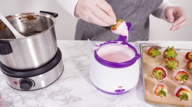 Adım adım. Erimiş çikolataya organik çilek batırmak..