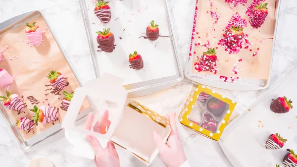 Επίπεδη Βήμα Βήμα Συσκευάζοντας Γκουρμέ Σοκολάτα Βουτηγμένες Φράουλες Κουτί Δώρου — Φωτογραφία Αρχείου
