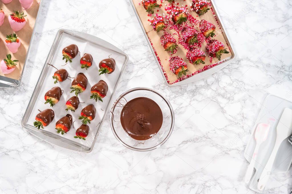 Flat lay. Preparing chocolate covered strawberries on a cookie tray.