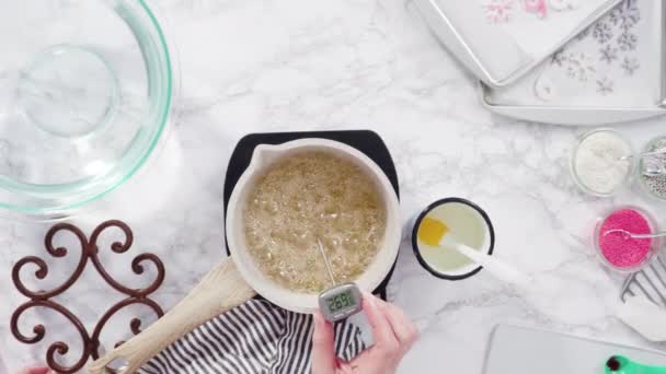 Azúcar Caramelizante Una Olla Pequeña Sobre Pequeña Estufa Eléctrica — Vídeos de Stock