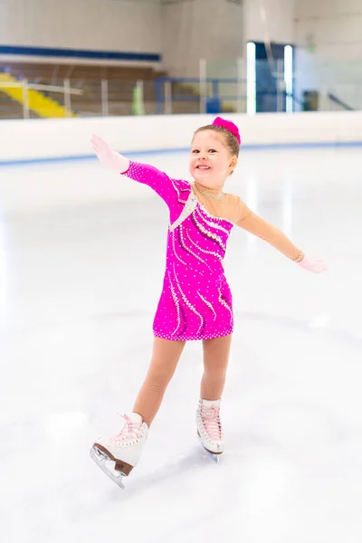 Little Figure Skater Pink Dress Practicing Indoor Ice Rink — Stock Photo, Image