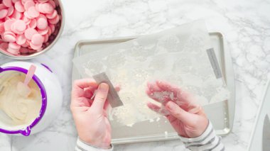 Düz yatıyordu. Adım adım. Çikolatalı kar tanelerini plastik çikolata kalıbından kurabiye tepsisine atmak..