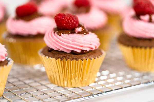 Cupcake Cioccolato Gourmet Lampone Conditi Con Ganache Cioccolato Conditi Con — Foto Stock