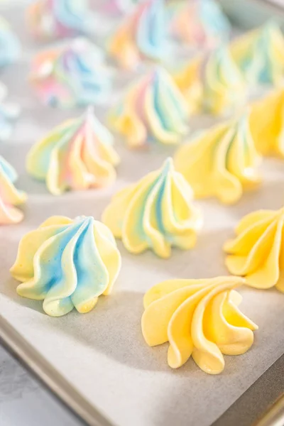 Unbaked Unicorn Meringue Cookies Baking Sheet Parchment Paper — Stock Photo, Image
