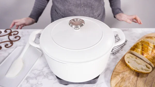 Cooking Vegetarian White Bean Soup Cast Iron Dutch Oven — Stock Photo, Image