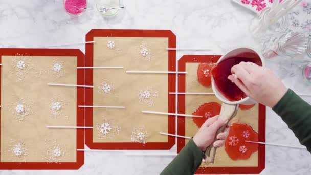 Piruletas Sabor Bayas Caseras Con Copos Nieve Palitos Paleta Blanca — Vídeo de stock