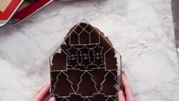 Κοπή Σχημάτων Χριστουγεννιάτικο Κόφτη Μπισκότων Από Ζύμη Μπισκότων Μελόψωμο — Αρχείο Βίντεο