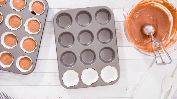 Flat Lay Scooping Dough Foil Cupcake Liners Bake Chocolate Raspberry — Stock Photo, Image