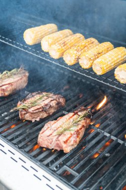 New York bifteğini bir dilim tereyağlı ve biberiyeli açık hava gaz ızgarasında kızartıyorum..