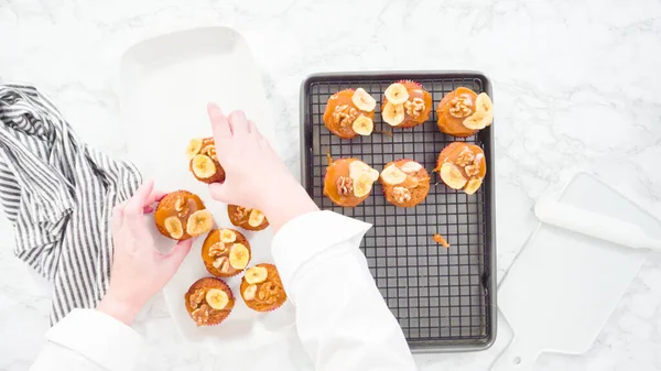 Flat Lay Step Step Arranging Banana Bread Muffins White Serving — Stock Photo, Image