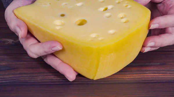 Large Wedge Semi Soft Part Skim Cheese Rustic Wood Background — Stock Photo, Image